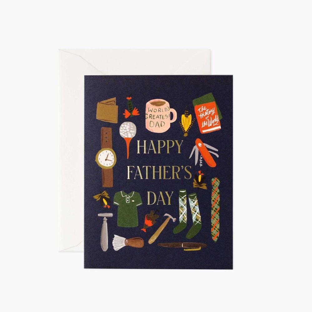 Father's Day card with various icons and text on a dark blue background