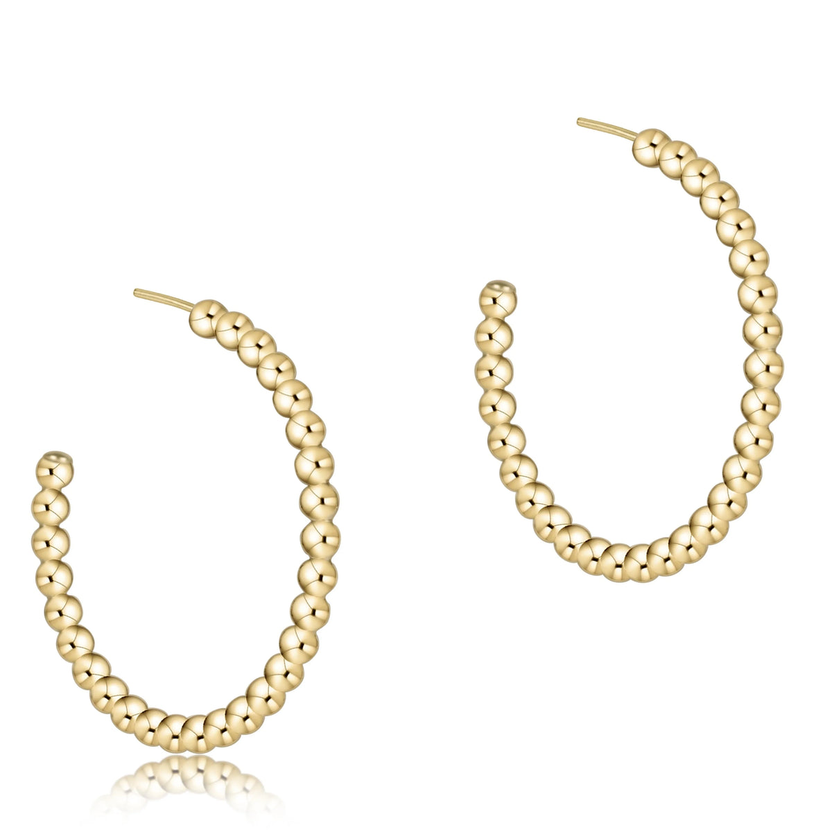 A pair of enewton gold hoop earrings with a textured, beaded segmented design, displayed on a clean white background with a subtle reflection.  EBECL125PHG3 Beaded Classic 1.25" Post Hoop 3mm Gold Earrings