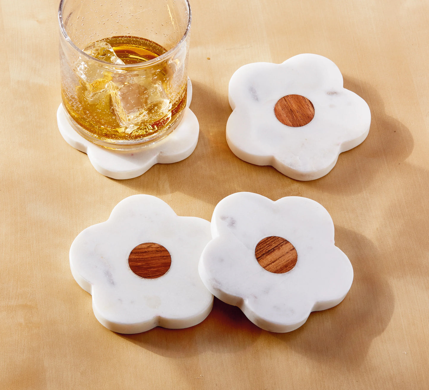 Marble & Wood Flower Coaster Set