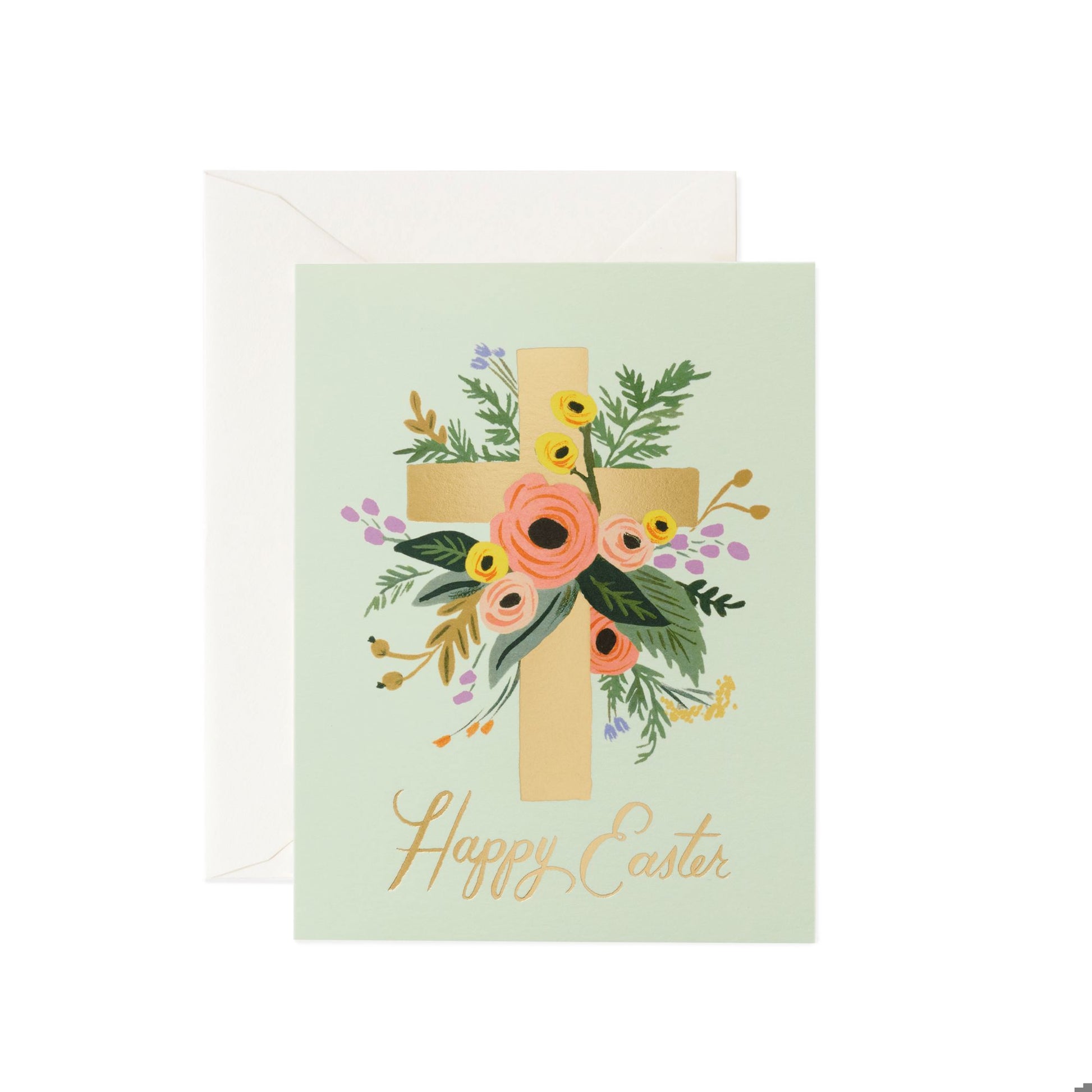 Greeting card with a cross and floral design that says Happy Easter on a light green background