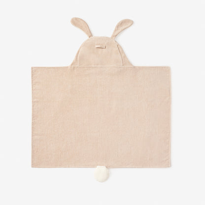 Back view of Elegant baby taupe children's towel with bunny ears on a white background