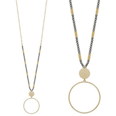 NECKLACE WITH HEMATITE AND GOLD CHAIN NECKLACE AND CIRCLE PENDANT