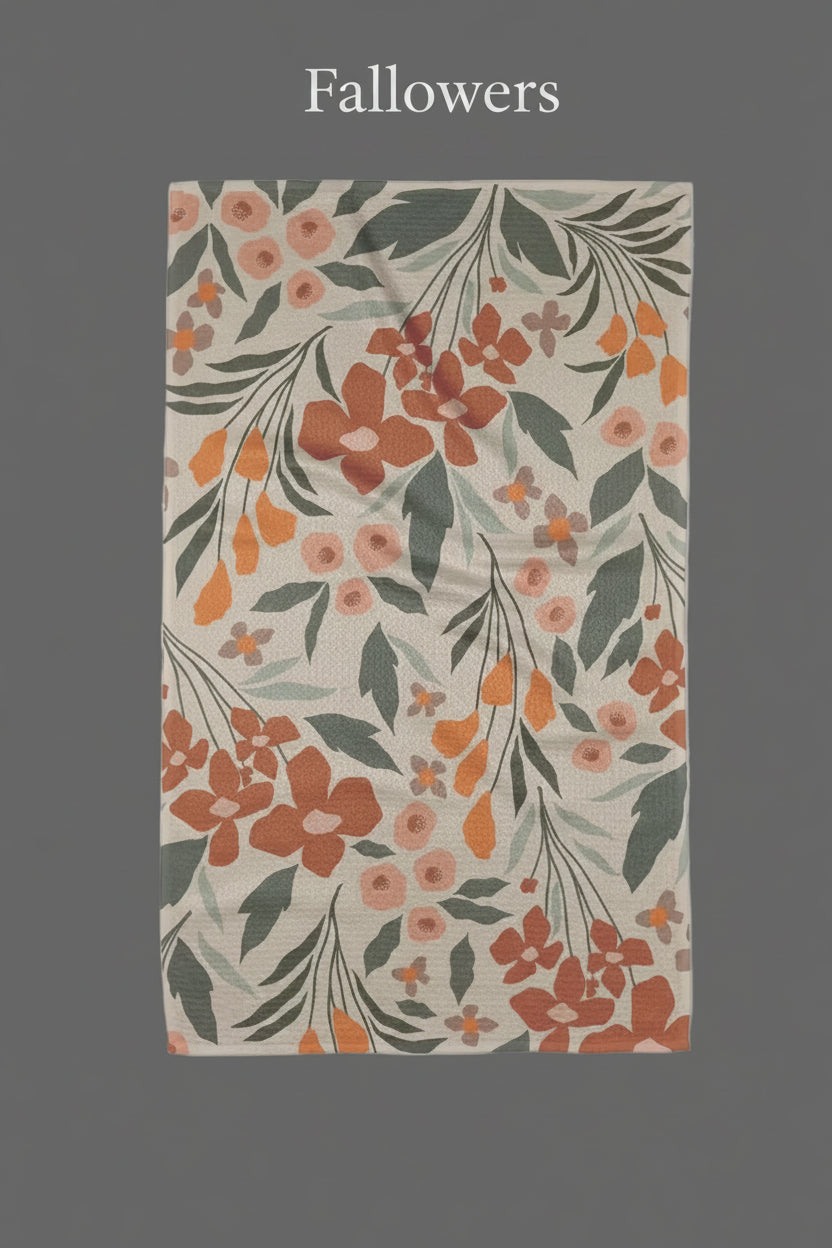 Geometry fallowers tea towel with Floral patterned  with orange, green, and pink flowers on a beige background