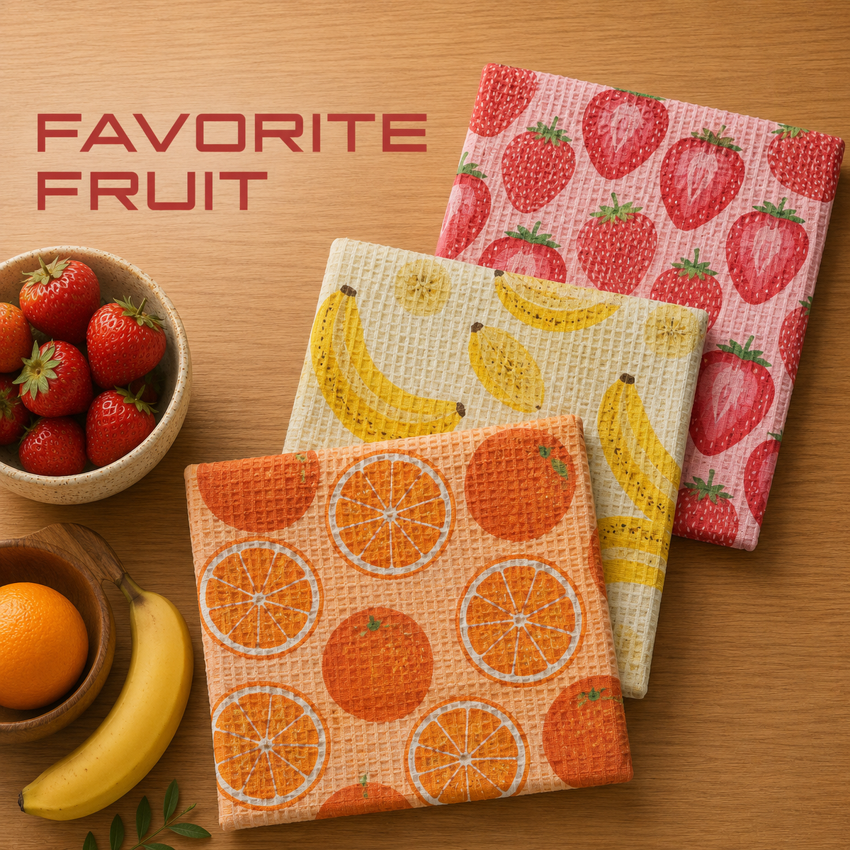 Geometry favorite fruit dishcloth set with Three square kitchen dishcloths with a waffle texture are arranged on a wooden table. The towel in front features a bright orange citrus slice pattern, the middle towel shows yellow bananas on a cream background, and the towel in the back has red strawberries on a pink background.  The Little Exchange SKU  142493