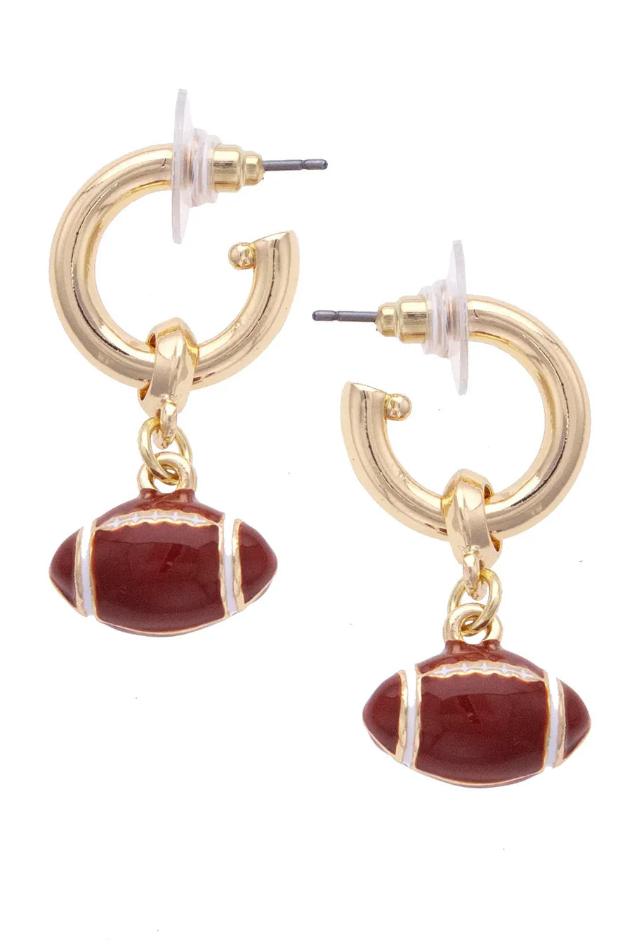 Canvas style gold hoop earrings with drop pendant featuring brown and white footballs