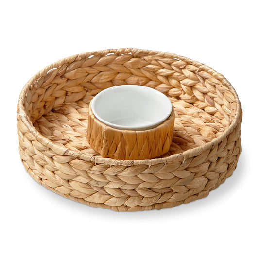 woven water hyacinth chip and dip with a ceramic bowl in the center