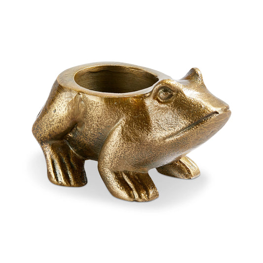 antique brass colored aluminum frog tea light holder