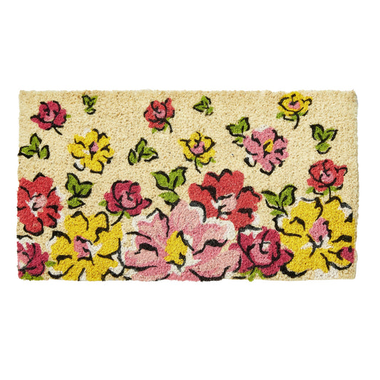 Floral patterned doormat with pink, yellow, and green flowers on a beige background