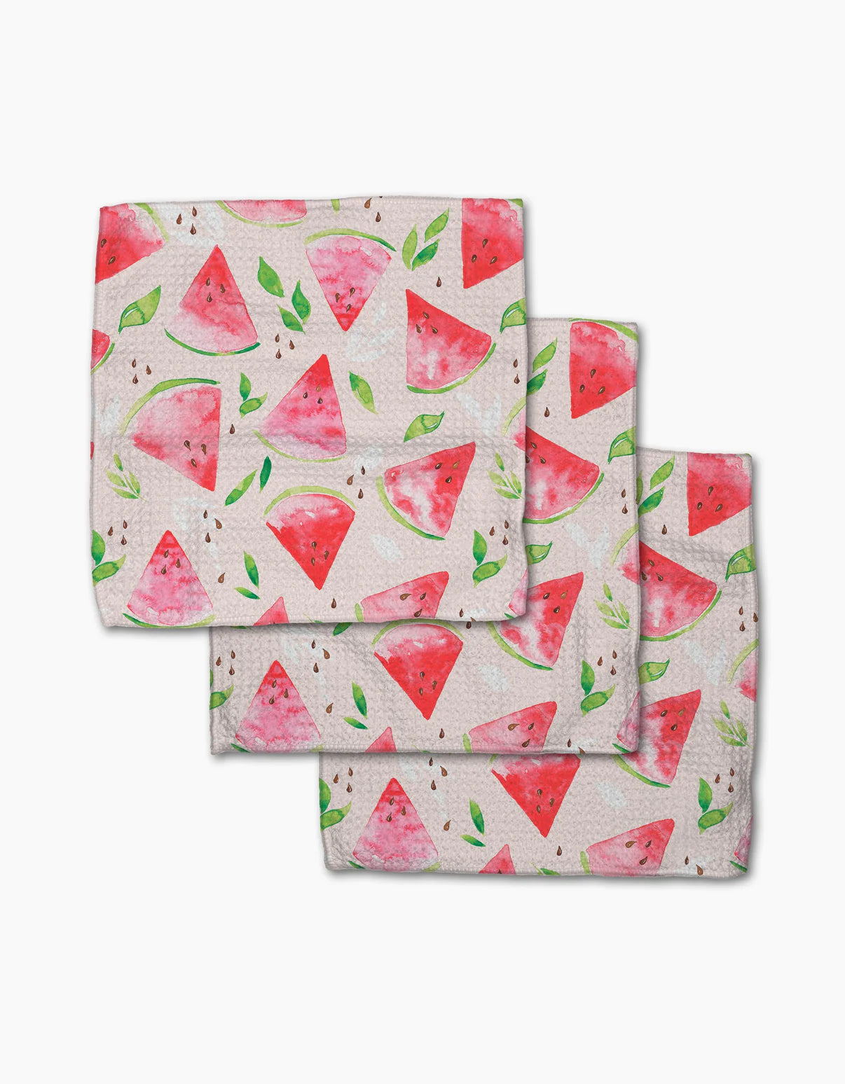 Set of three Geometry watermelon slice dish cloths with watermelon pattern on a white background