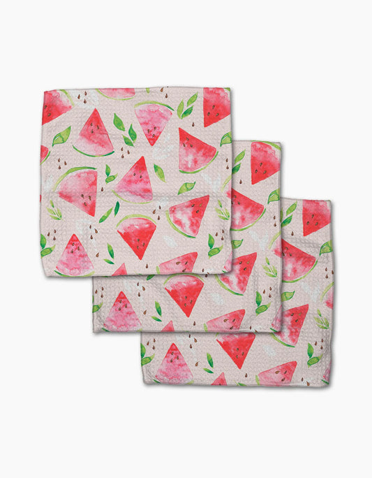 Set of three Geometry watermelon slice dish cloths with watermelon pattern on a white background