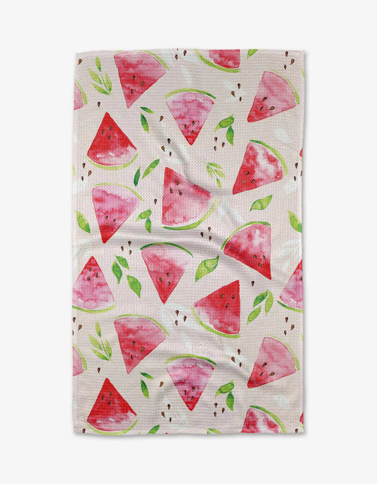 Geometry Tea towel with watermelon slice pattern on a white background