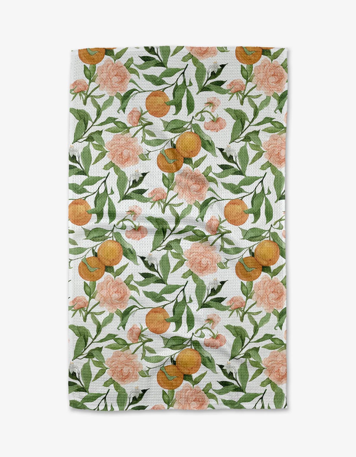 Geometry tea towel in A peony for your thoughts print featuring pink peony, oranges, white flowers and green leaves on a white towel.