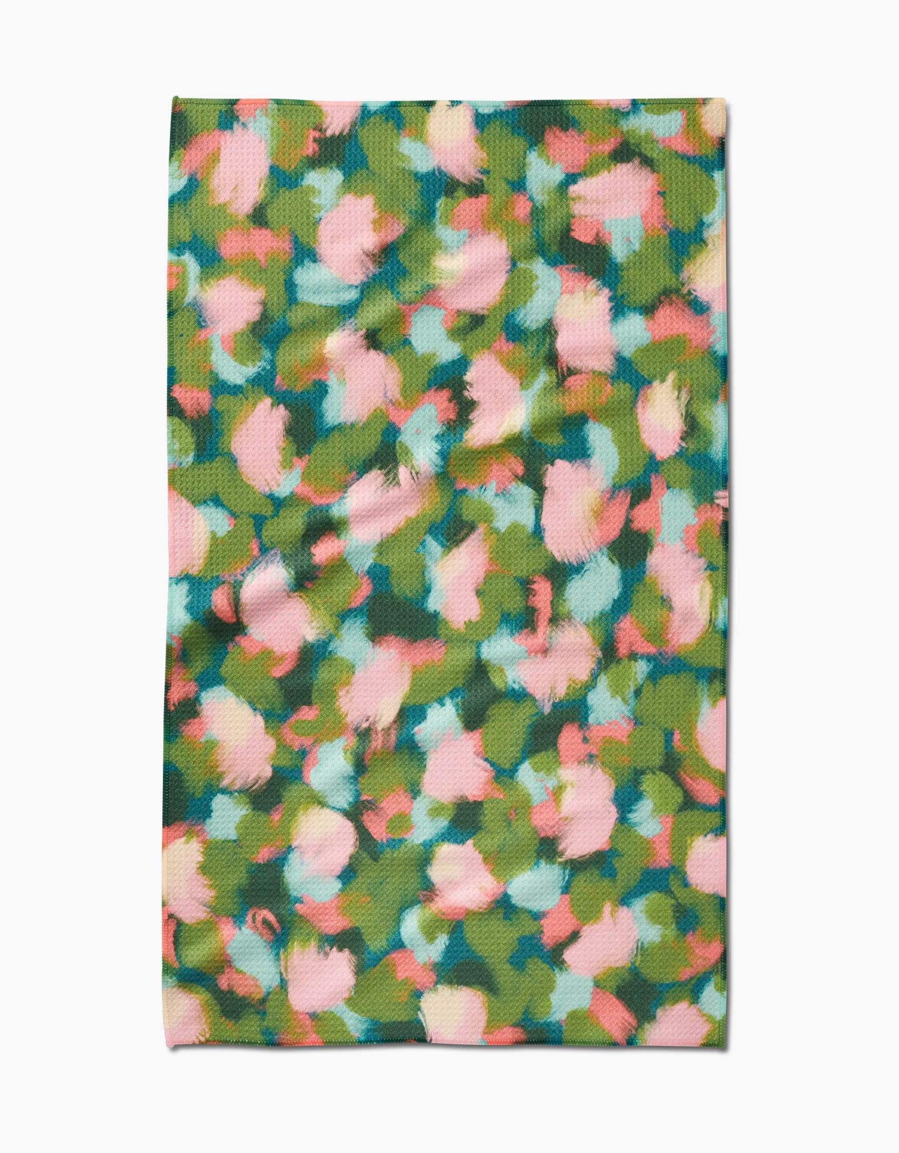 Geometry tea towel with pink, coral, turquoise, blue and green Stroke of Genius print