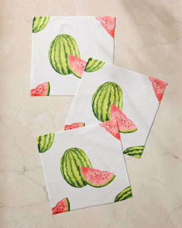 Highly absorbent and quick drying kitchen set of 3 dishcloths by Geometry made with Geoweave featuring the Melon Market Watermelon print.