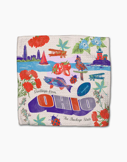 Geometry dish cloth with colorful Ohio-themed design and the words greetings from Ohio