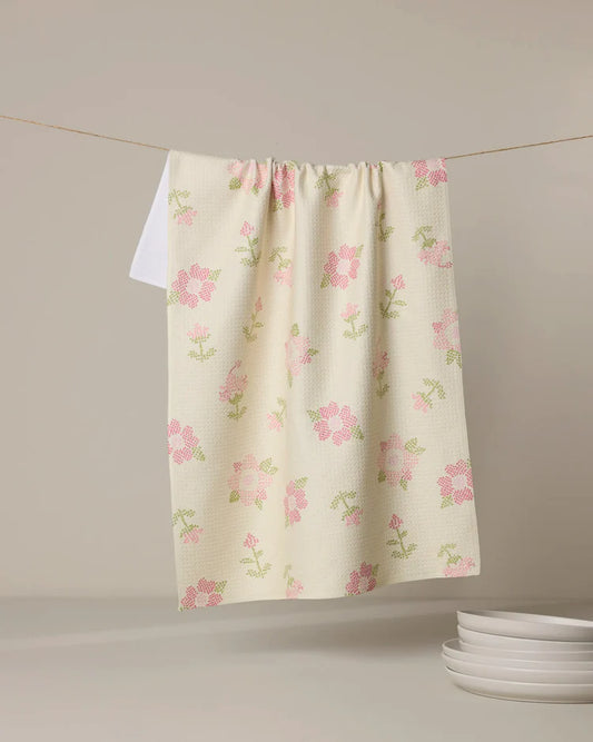 Geometry, tea towel, kitchen towel, cross stitch pattern, floral, yellow towel, pink flowers