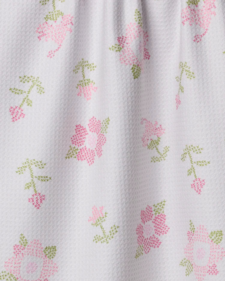 Geometry, tea towel, kitchen towel, cross stitch, pink flowers, white woven, decorative kitchen towel.