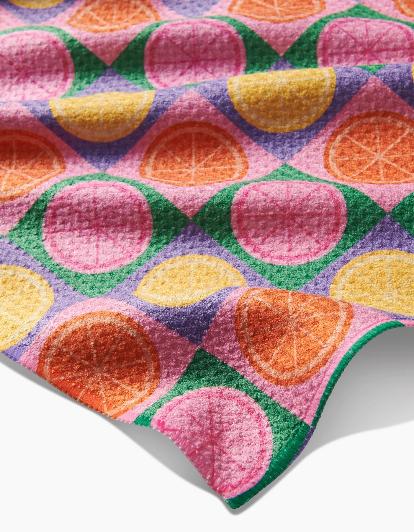 geometry, geoweave, kitchen towel, dish cloth, dishcloth, kitchen, tea towel, cleaning, lemon, vibrant, pink, purple, yellow, orange, green, summer lemons