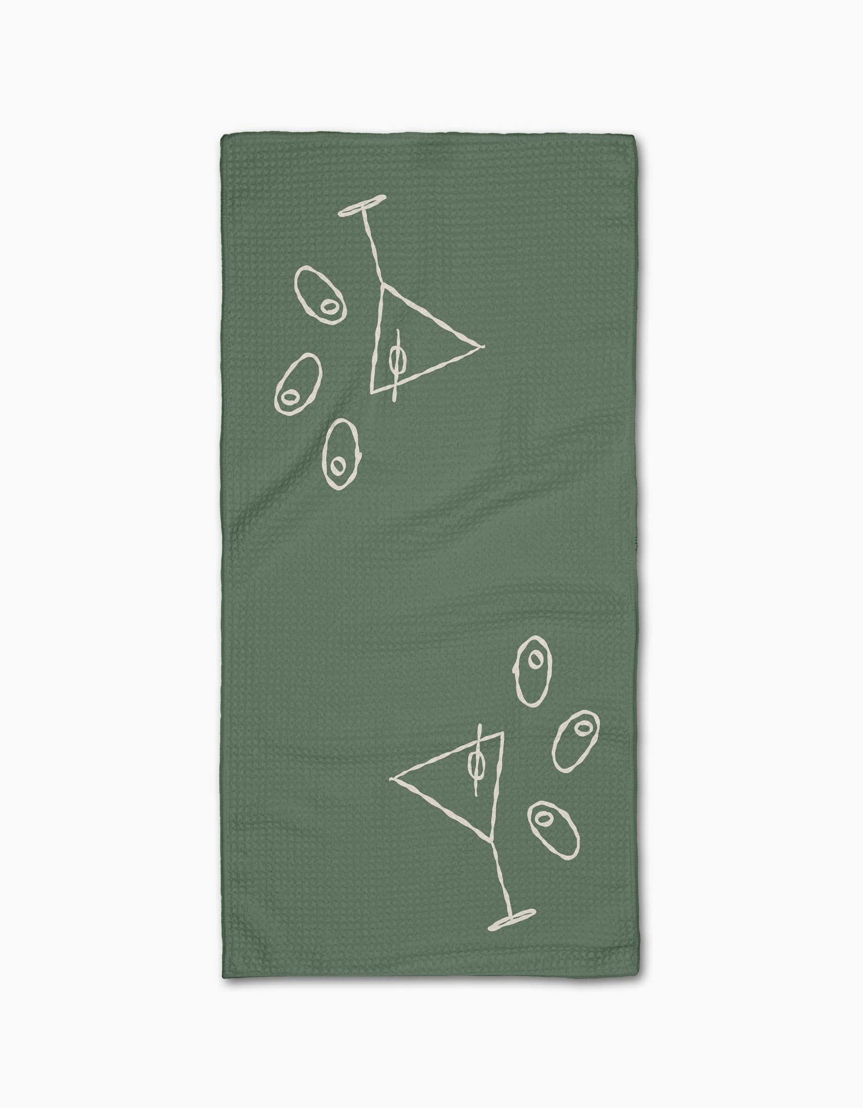 geometry tea towel, kitchen towel, towel, cleaning, dish towel, martini glass, olives, shaken not stirred, green, geoweave, 