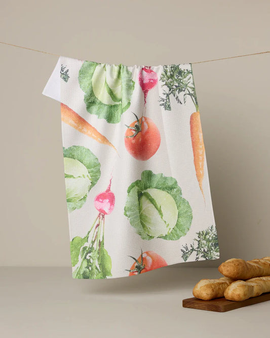 Highly absorbent and quick drying kitchen tea towel by Geometry made with Geoweave featuring the Spring Produce pattern.