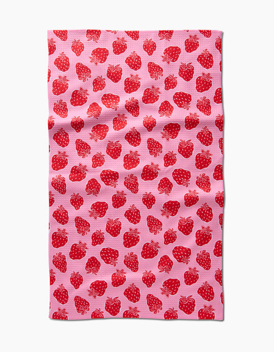 geometry, geoweave, kitchen towel, dish cloth, dishcloth, kitchen, tea towel, cleaning, pink towel, woven, red strawberries, strawberry fields,