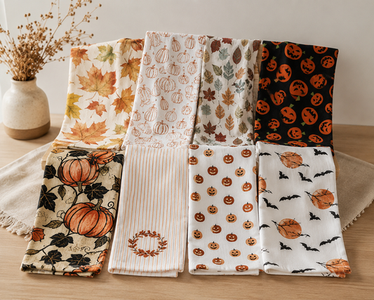 Six folded Geometry kitchen tea towels with various autumn and Halloween patterns are arranged in two columns on a light wooden table next to a small vase with dried flowers. The patterns include pumpkins, leaves, and bats in colors like orange, beige, and black.  