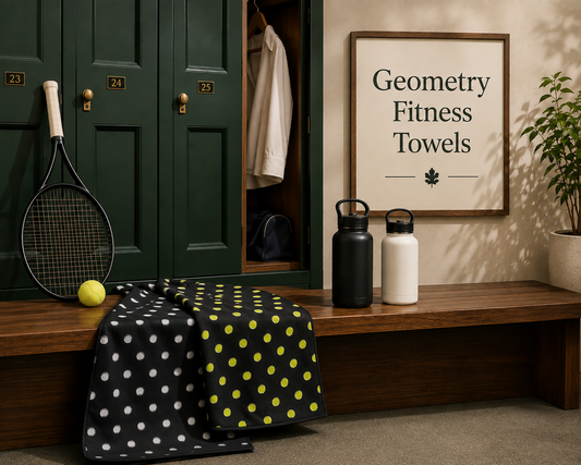 A framed sign reading 'Geometry Fitness Towels' hangs on a beige wall above a wooden bench in a locker-room-like setting. A black towel with white and yellow polka dots is draped over the bench, alongside two water bottles, a tennis racket, a tennis ball, and a plant.