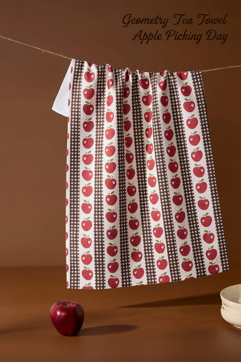 Geometry apple picking day tea Dish towel with red apple pattern hanging on a line against a brown background