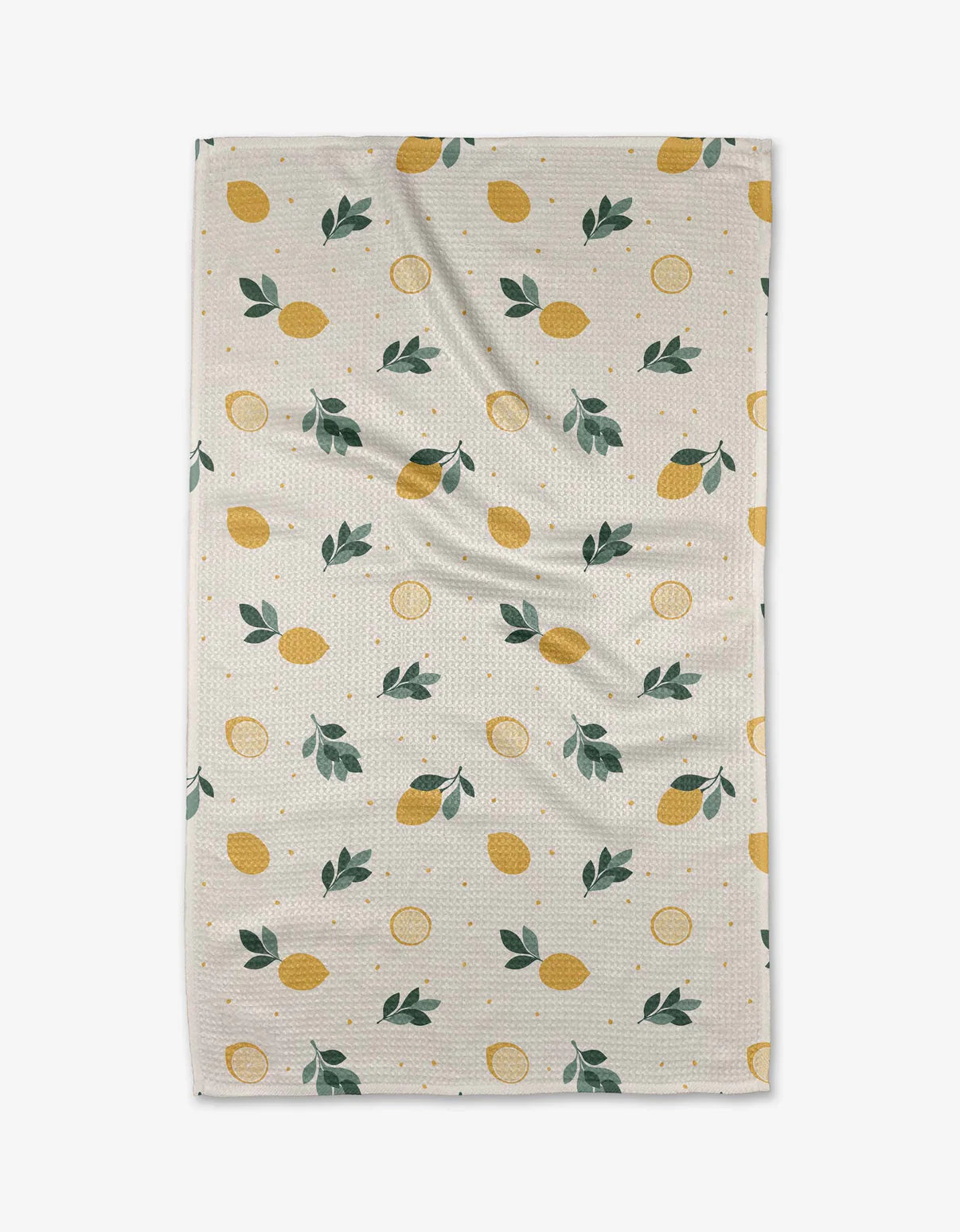 Geometry freshly picked tea towel with off white towel and a yellow lemon pattern with green leaves