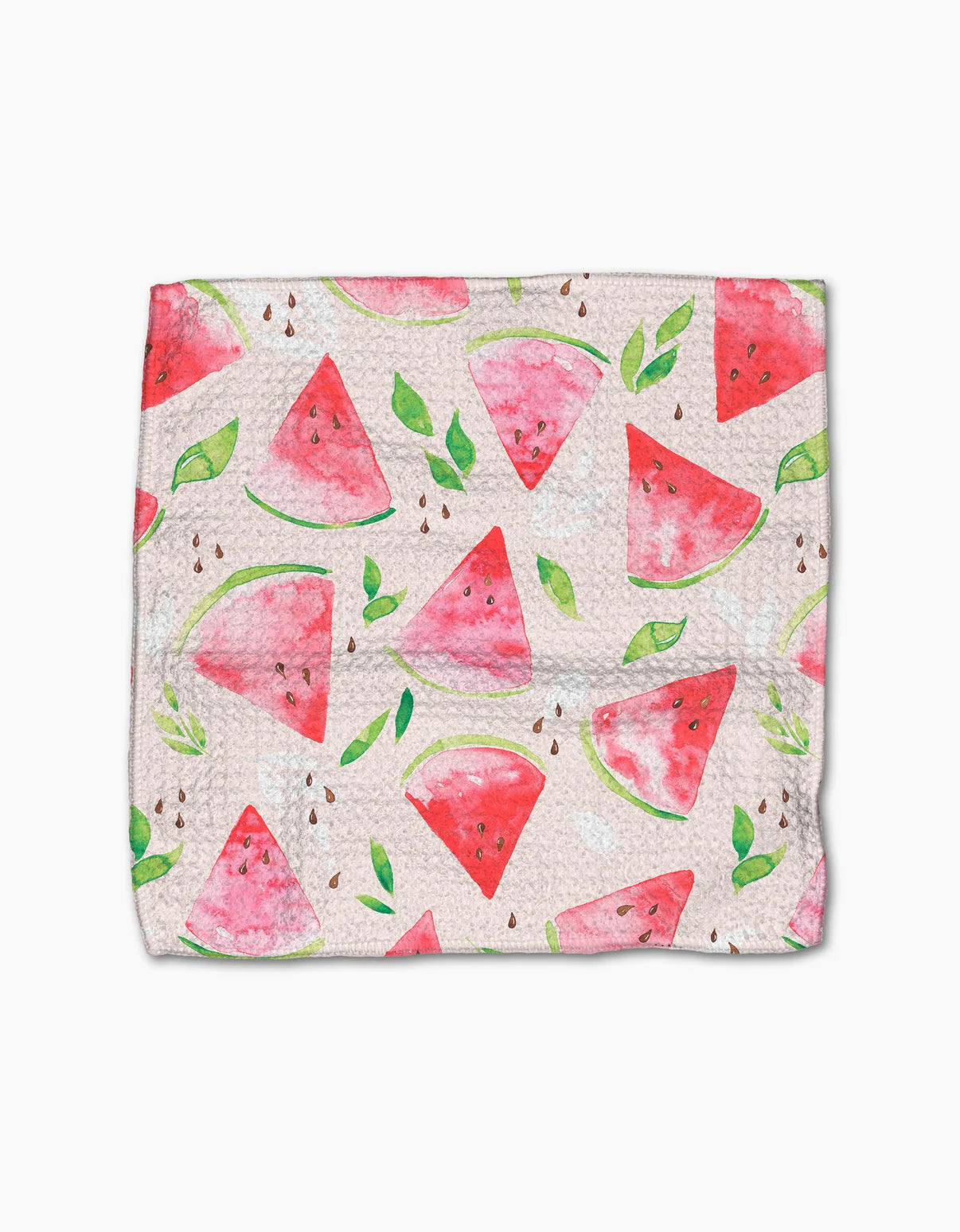 Geometry watermelon slice dishcloth with slices of watermelons, seeds and green leaves. 