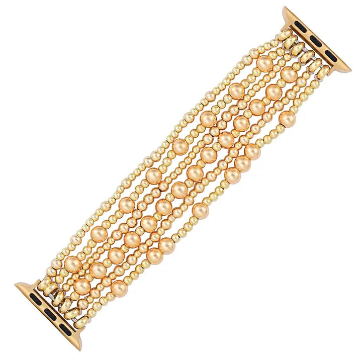  Gold demure stretch apple watch strap with gold beads of different sizes and a gold clasp by cape diablo