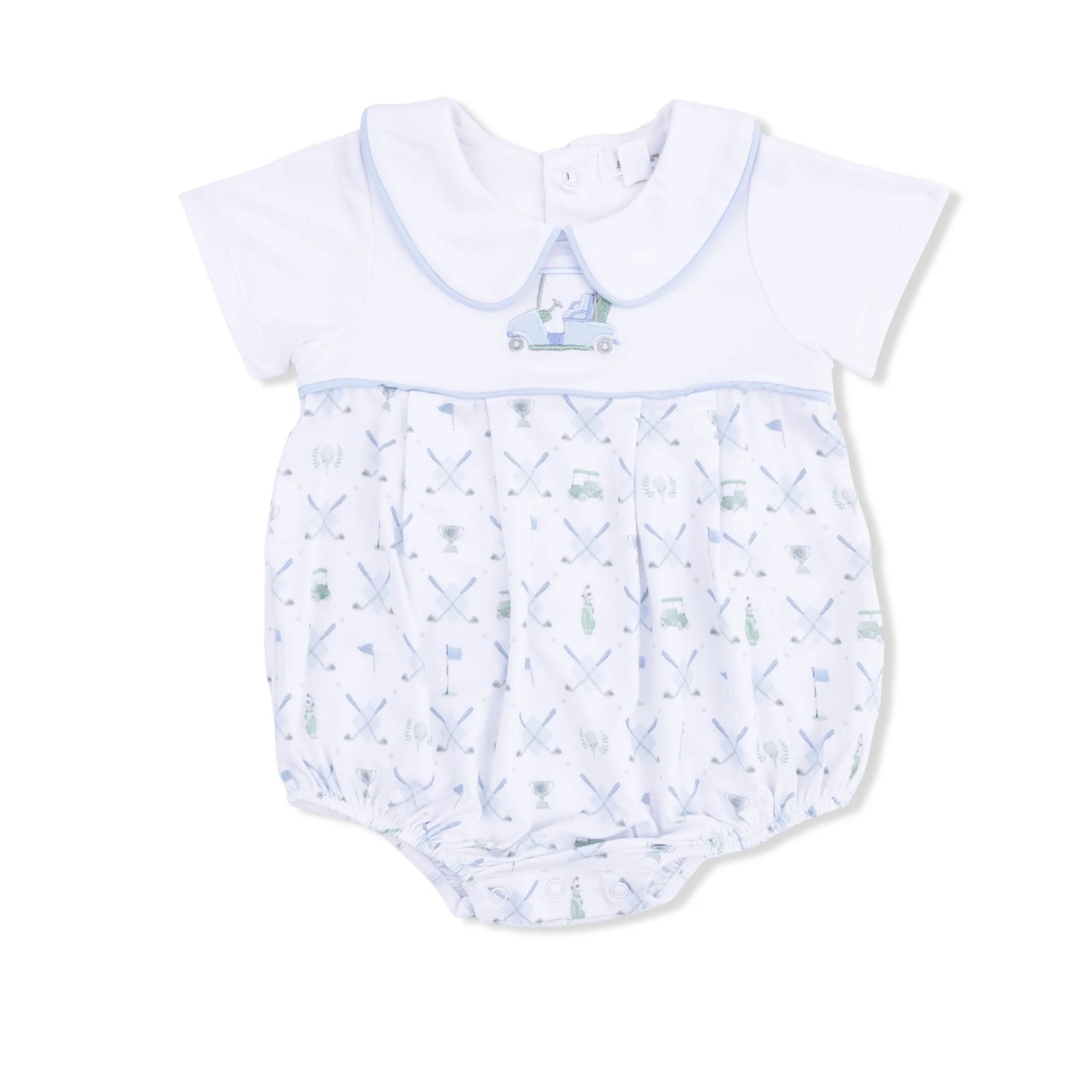 Baby Angel Dear Golf Trellis Blue Classic Box Pleat Bubble romper with white collar and blue golf pattern  with a light blue golf cart print on a white background