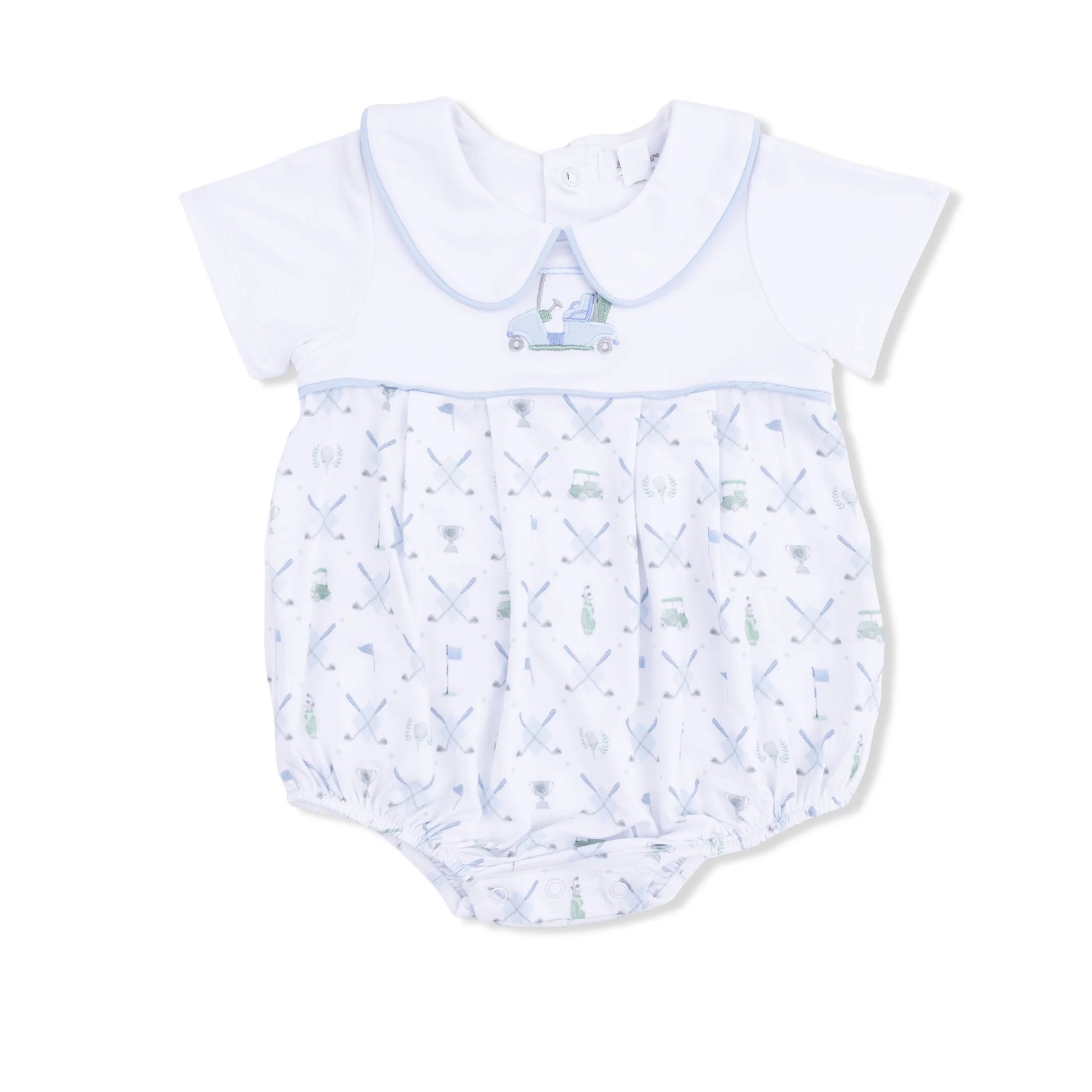 Baby Angel Dear Golf Trellis Blue Classic Box Pleat Bubble romper with white collar and blue golf pattern  with a light blue golf cart print on a white background