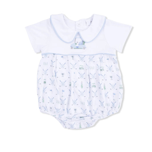 Baby Angel Dear Golf Trellis Blue Classic Box Pleat Bubble romper with white collar and blue golf pattern  with a light blue golf cart print on a white background