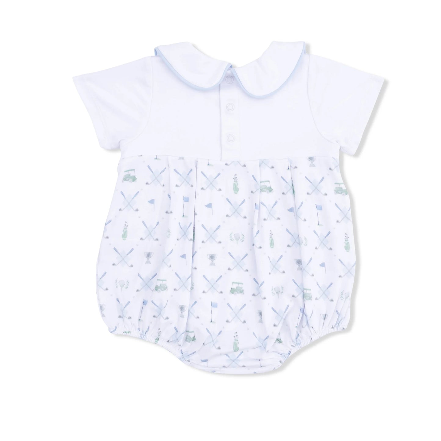 The back view of an Angel Dear Golf Trellis light Blue Classic Box Pleat Bubble romper 