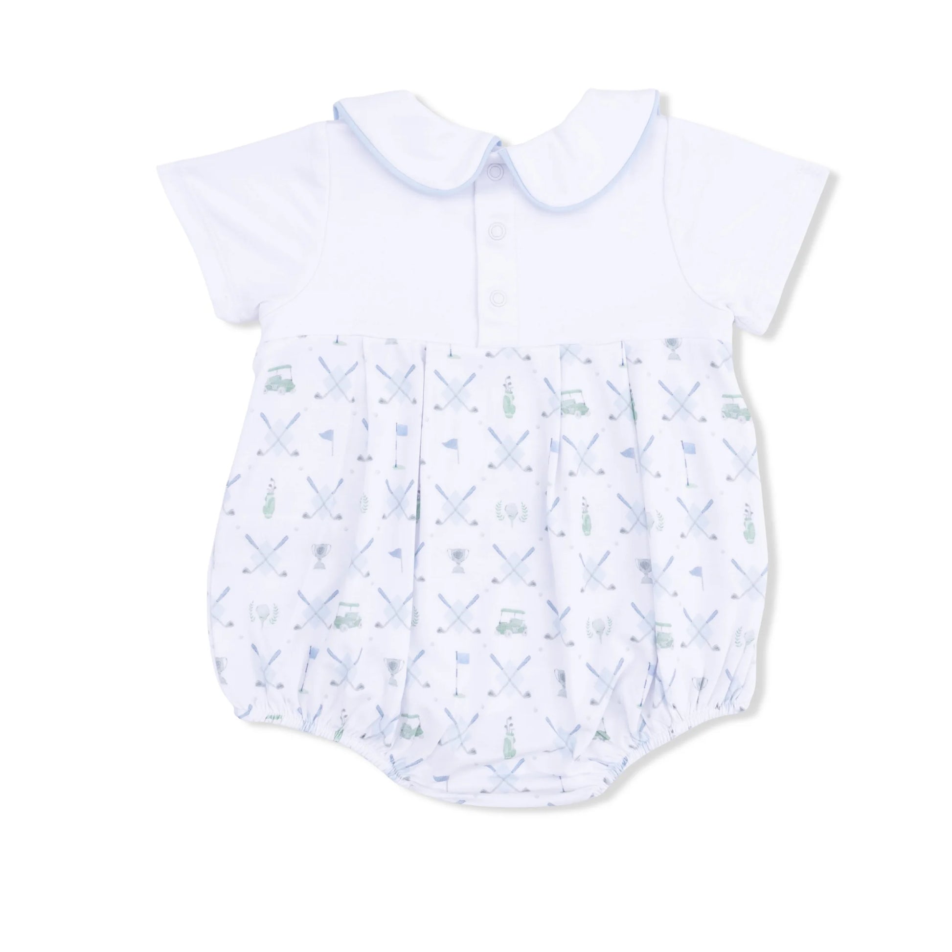 The back view of an Angel Dear Golf Trellis light Blue Classic Box Pleat Bubble romper 