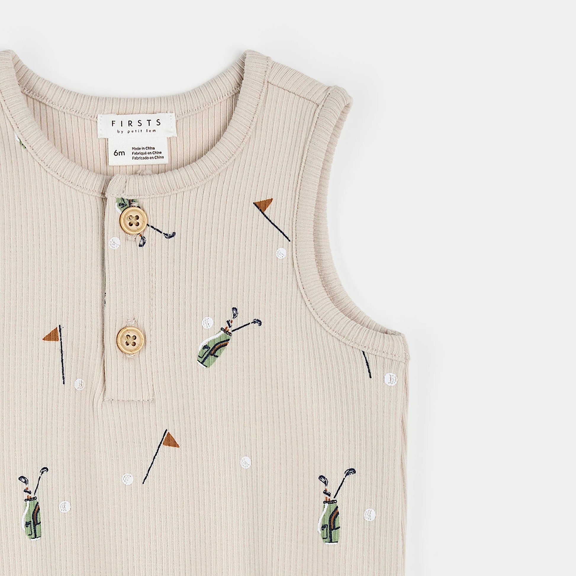 Firsts by petit lem Beige sleeveless romper with golf-themed print with 2 buttons on a white background