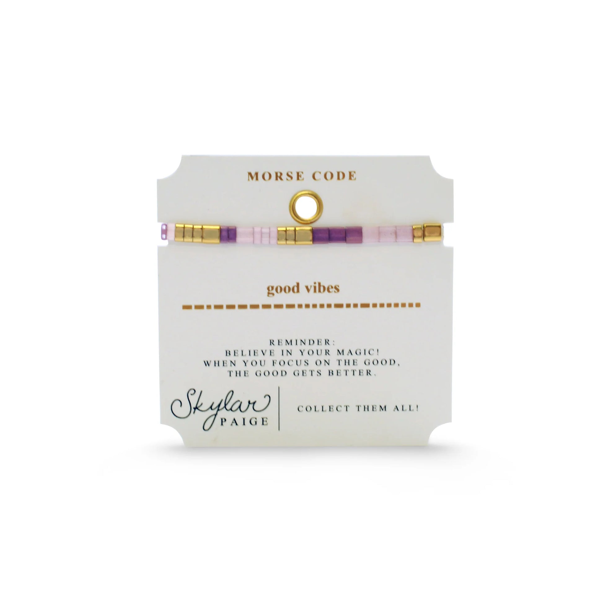 Skylar Paige Morse Code bracelet packaging with pink and gold beads and the text good vibes