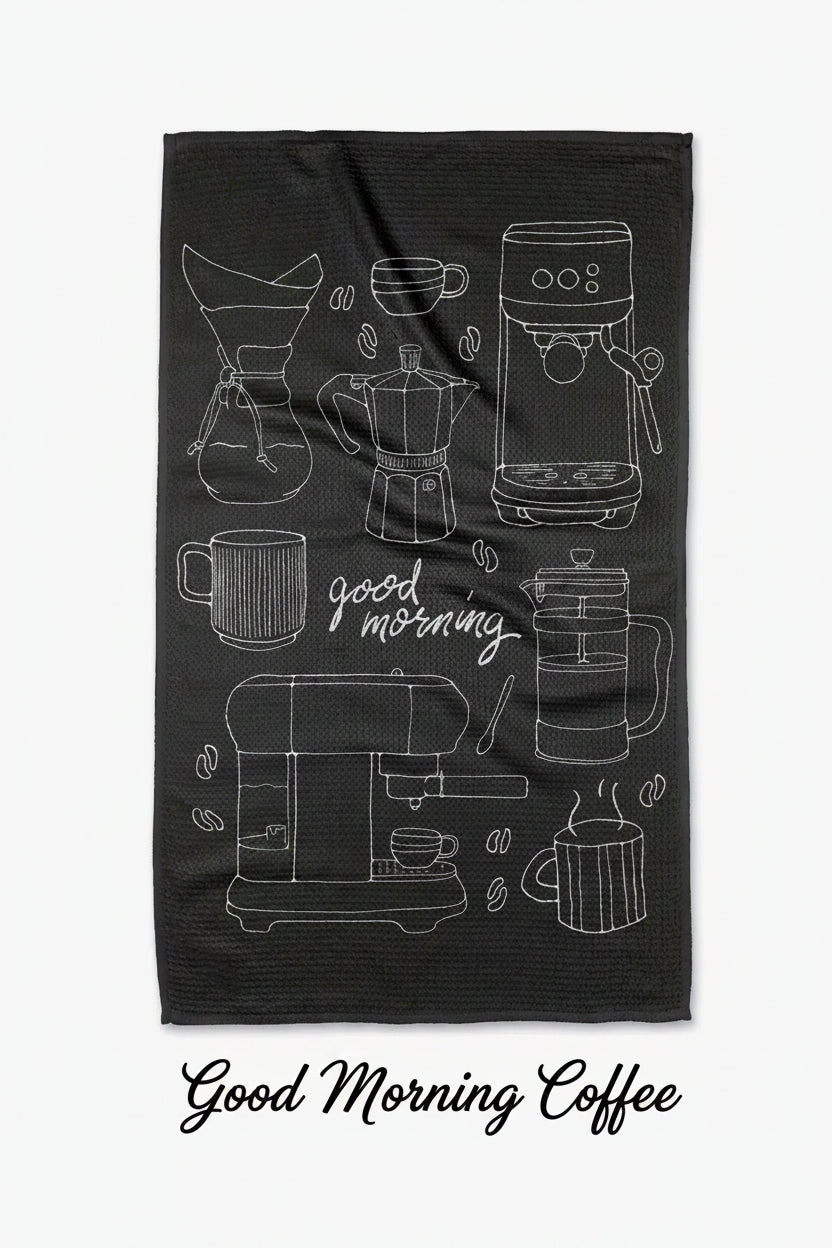 Black Geometry Good morning coffee tea towel with white coffee-themed illustrations and 'good morning' text on a white background