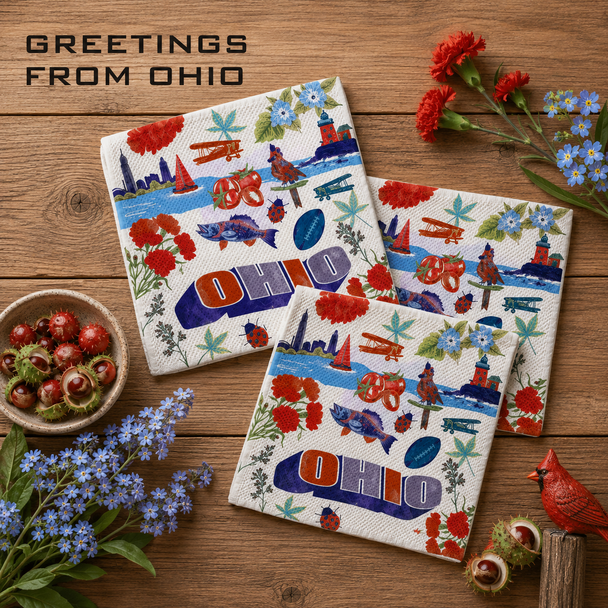 Geometry Dishcloth set of three, square  with a colorful Ohio-themed collage design, displayed on a rustic wooden table with flowers, berries, and a small bird figurine. The text 'GREETINGS FROM OHIO' is visible in the top left corner.  The Little Exchange SKU 148278