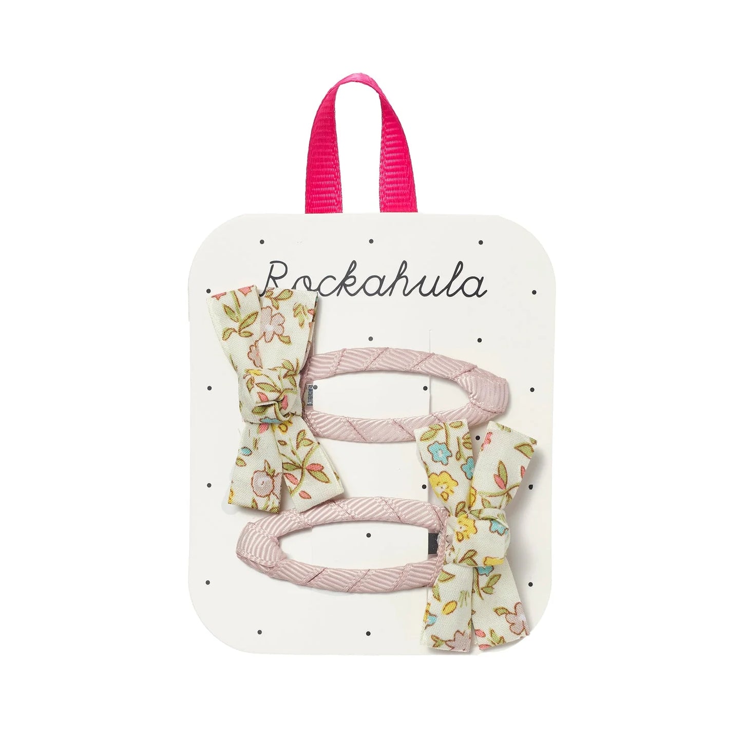 Set of hair clips with floral designs on a card with 'Rockahula' branding.