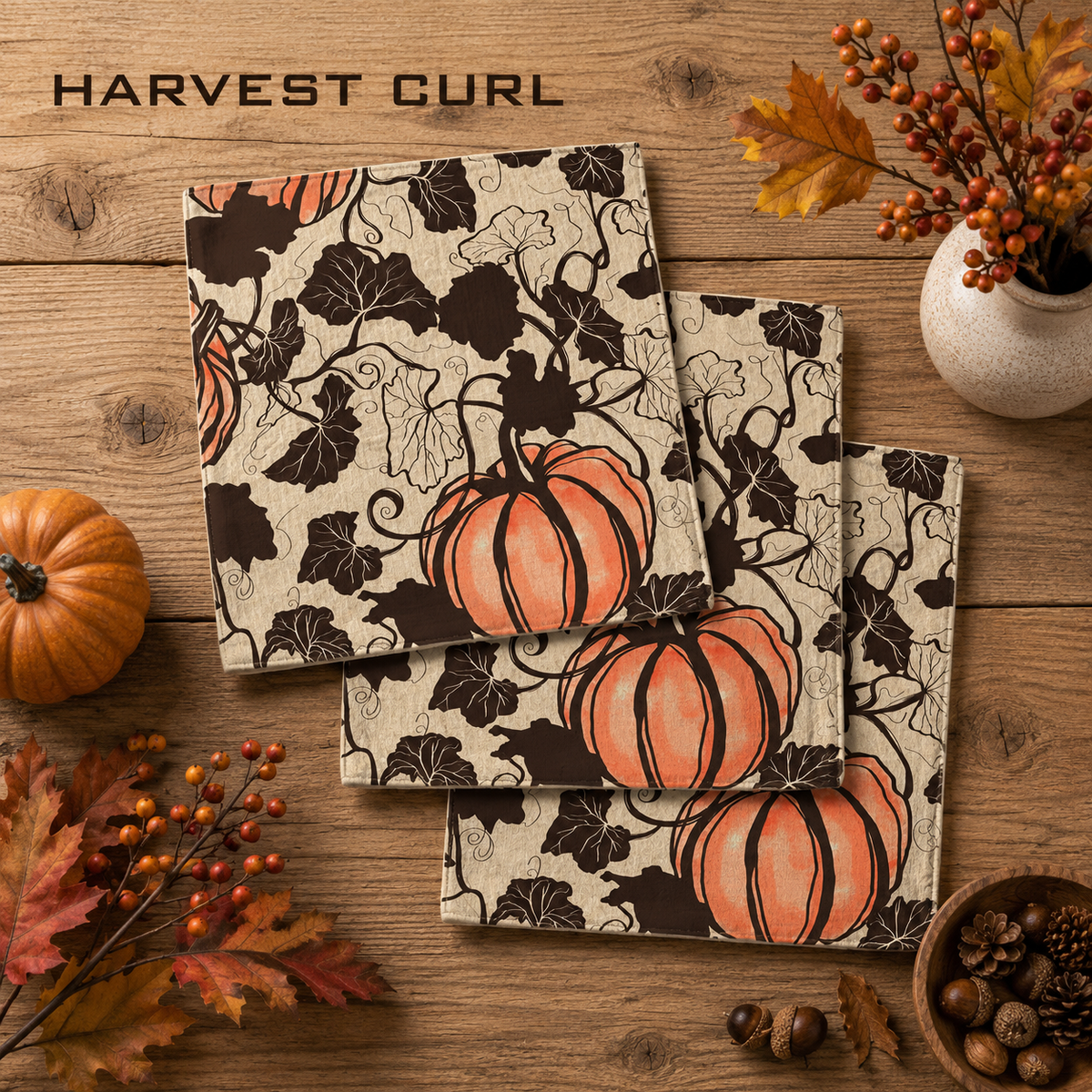 Geometry dishcloth set of  Three, square with a fall harvest pattern featuring orange pumpkins, dark brown leaves, and vines on a beige background, arranged on a wooden table with autumn props including a small pumpkin, leaves, berries, and acorns. The brand name 'HARVEST CURL' is printed in black at the top left.  The Little Exchange SKU 150101