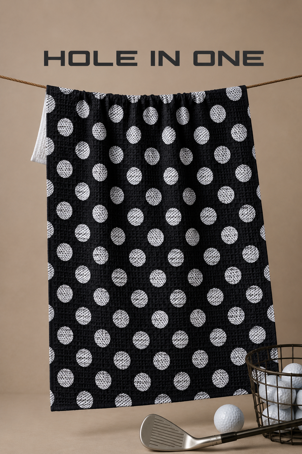 Geometry Hole in One Recreation Tea Towel is A black waffle-weave towel with a white polka-dot pattern hanging from a cord on a beige background, with golf-themed props and the text 'HOLE IN ONE' at the top.  The Little Exchange SKU 115654