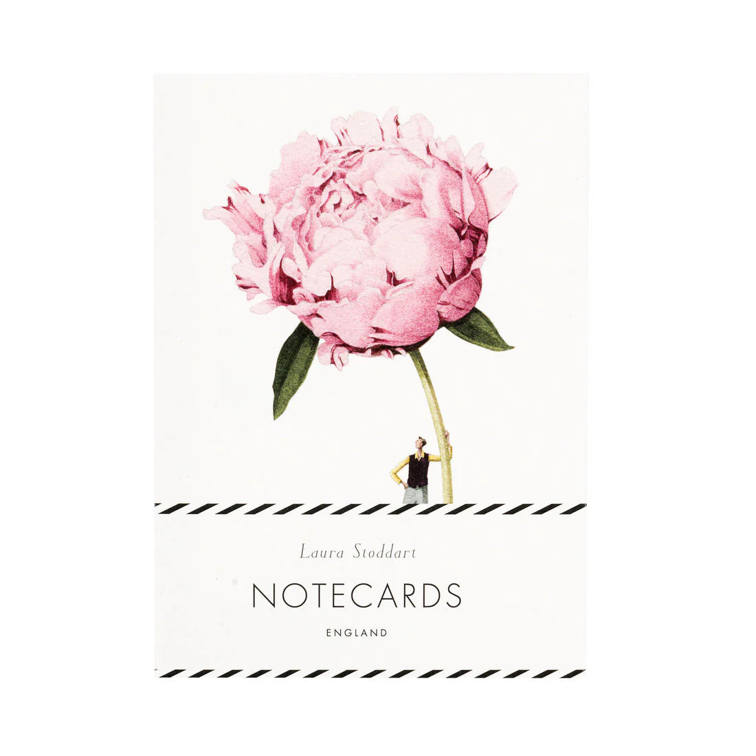 Notecards by Laura Stoddart from England with a large pink flower and a person underneath on a white background