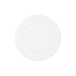 A top-down view of a round white ceramic plate with subtle concentric ring detailing 