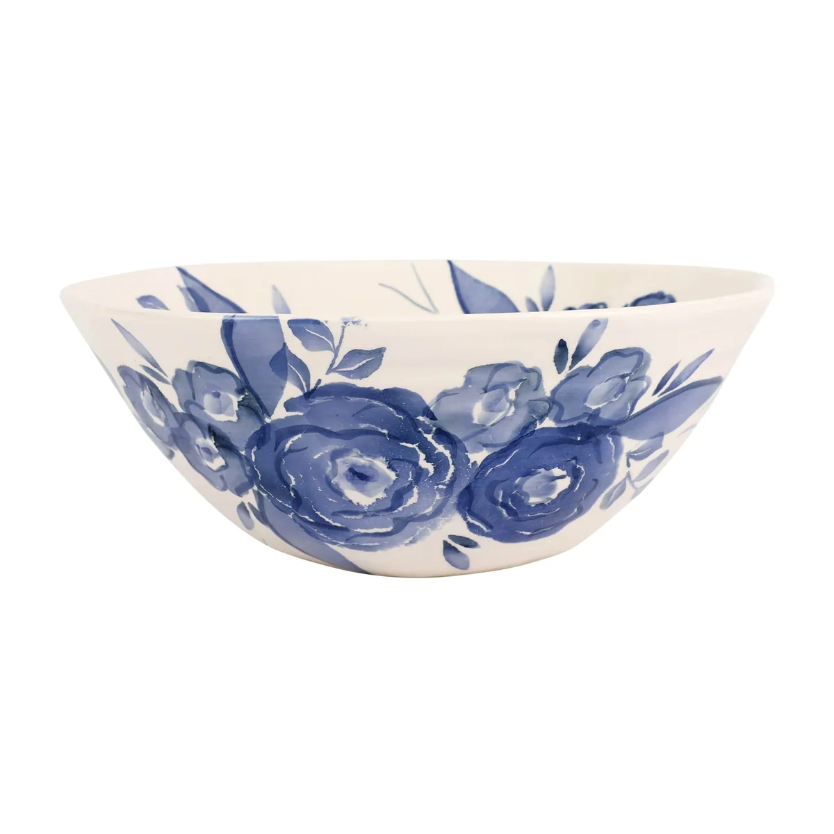 Ceramic bowl with blue floral design on a white background