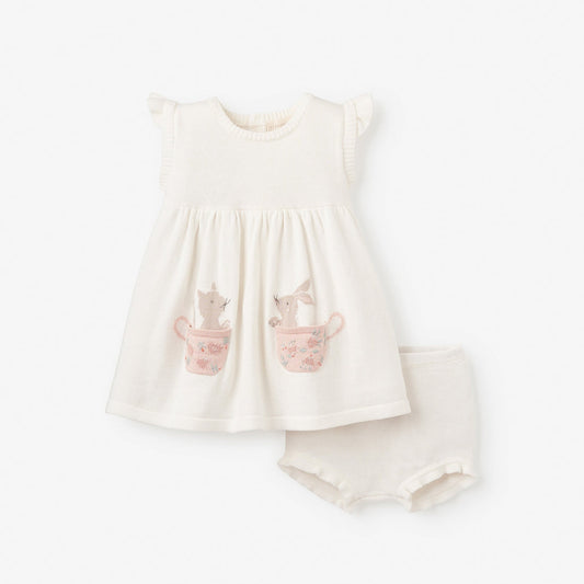 Elegant Baby Tea Party Knit Dress Hand Embroidered & Bloomers 9-12m