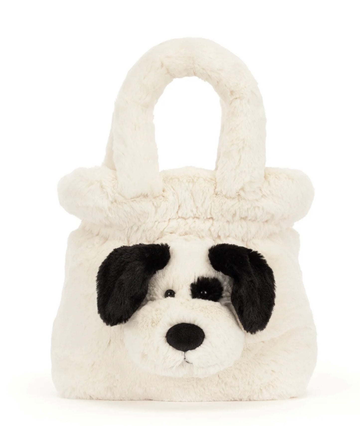 A fluffy cream-colored plush handbag shaped like a dog face, featuring black ears, a black nose, and small black eyes, set against a plain white background.