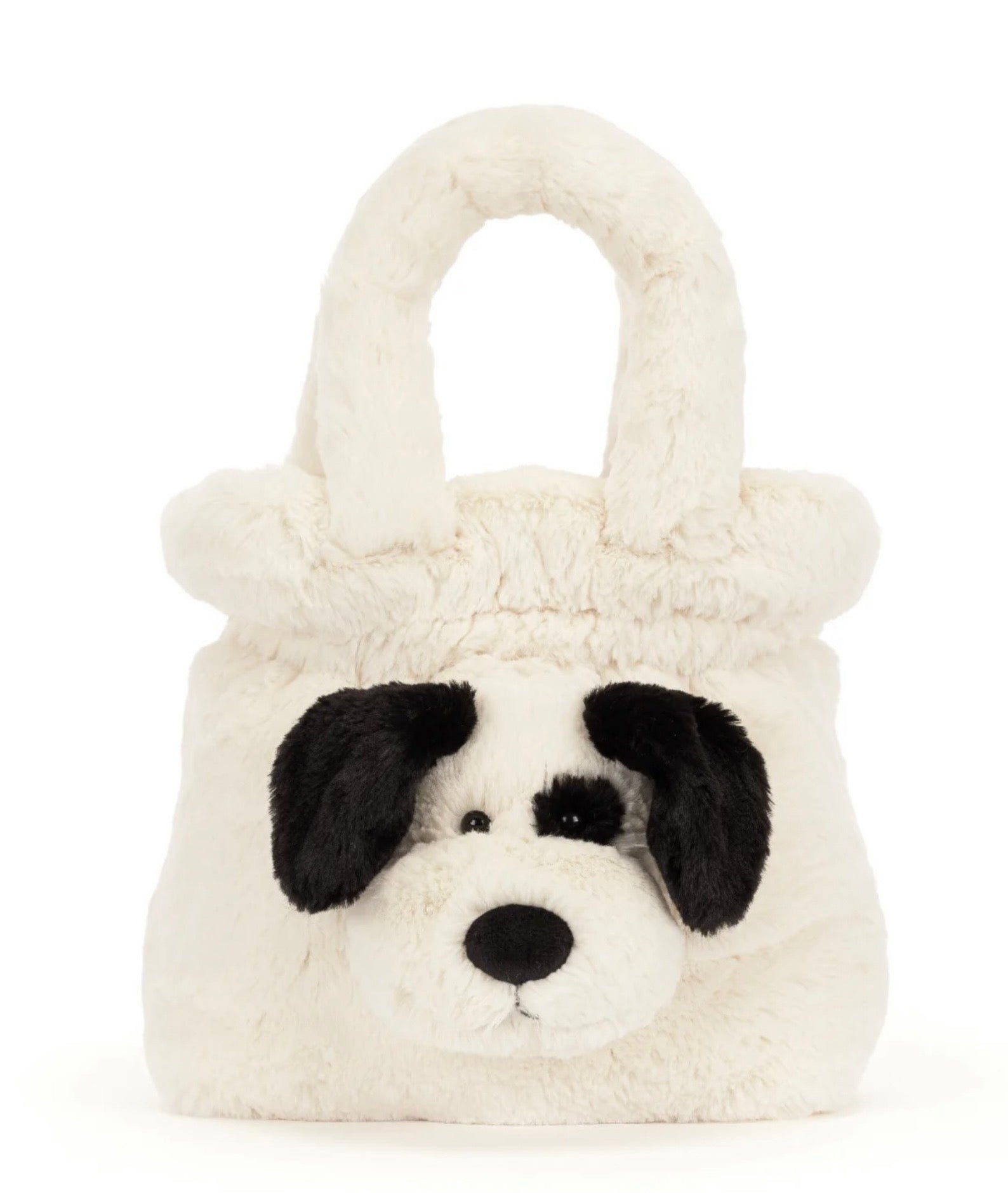 A fluffy cream-colored plush handbag shaped like a dog face, featuring black ears, a black nose, and small black eyes, set against a plain white background.