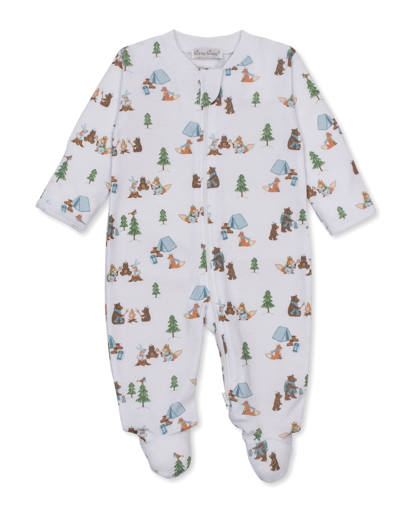 A baby footed sleeper in white with a colorful camping and forest theme print, featuring cartoon bears, trees, and tents.